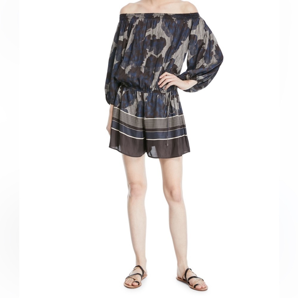 HALSTON HERITAGE Off-the-Shoulder Printed Tie-Waist Romper Size S 3/4 Sleeves